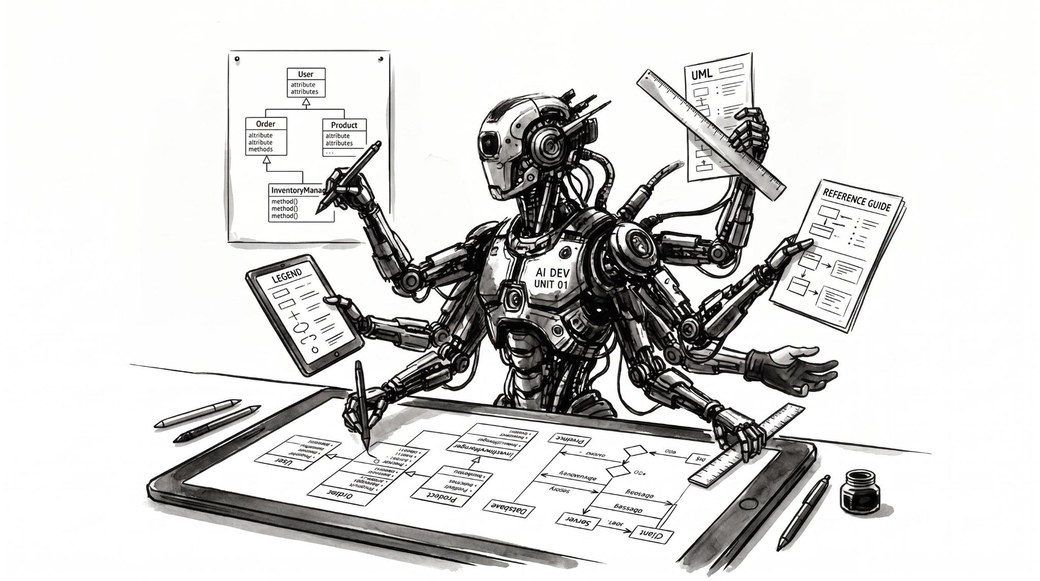 Ink sketch of an AI mapping how a system works — UML diagrams, data models, and a reference guide
