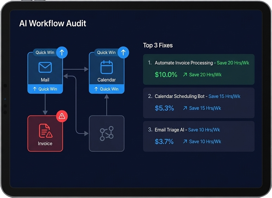 Dashboard mockup from an AI workflow audit listing the top three fixes and the hours each could save per week