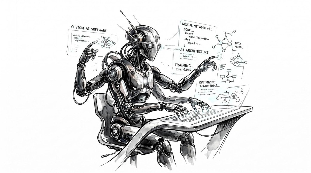 Watercolor sketch of an AI building custom software — neural networks, architecture, and training code