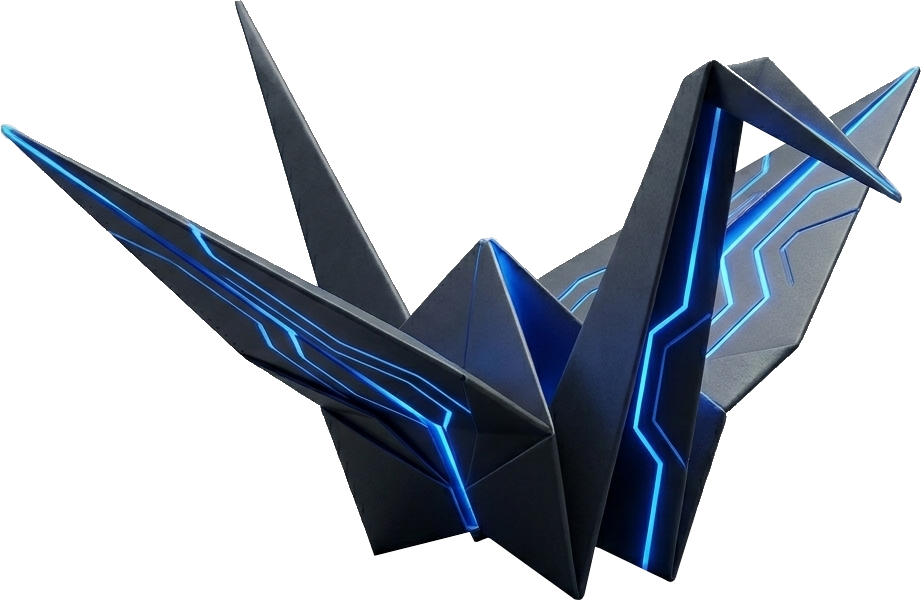 Illustration of a stylized origami crane outlined in glowing blue circuitry