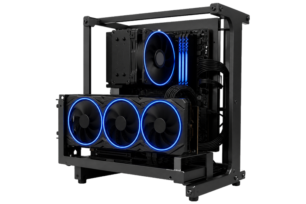 An open-frame GPU workstation built for local AI — a large graphics card and blue-lit cooling on hardware you own and keep on-site