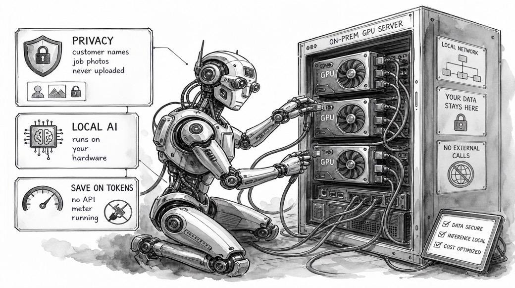 Ink sketch of an on-prem GPU server running a private, self-hosted AI model on hardware you own