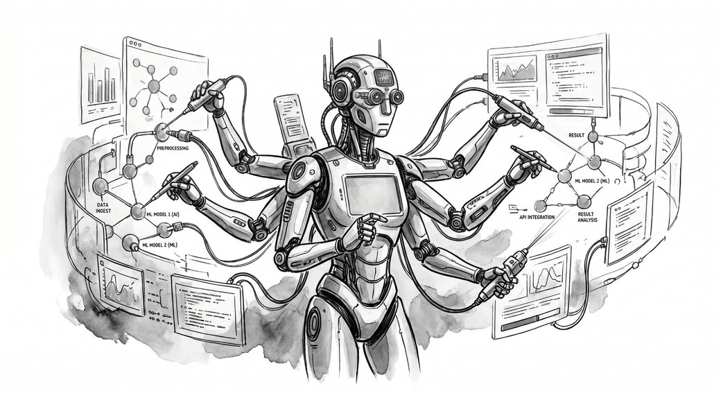 Sketch of an AI running an automated pipeline — data ingest, preprocessing, ML models, API integration, and result analysis