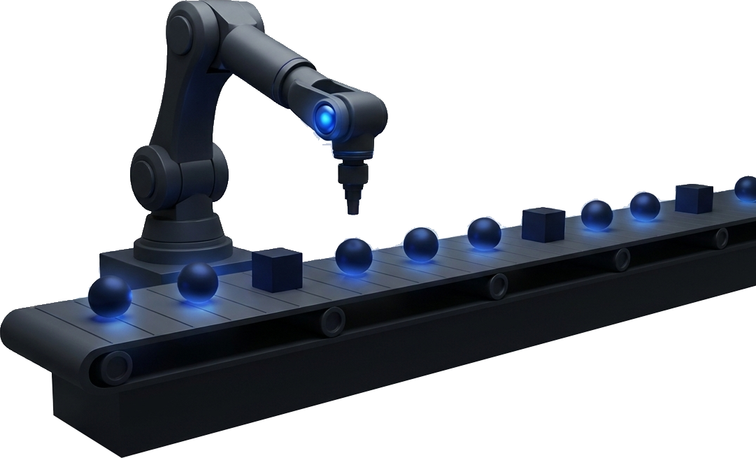 Illustration of a robotic arm working along an automated conveyor line